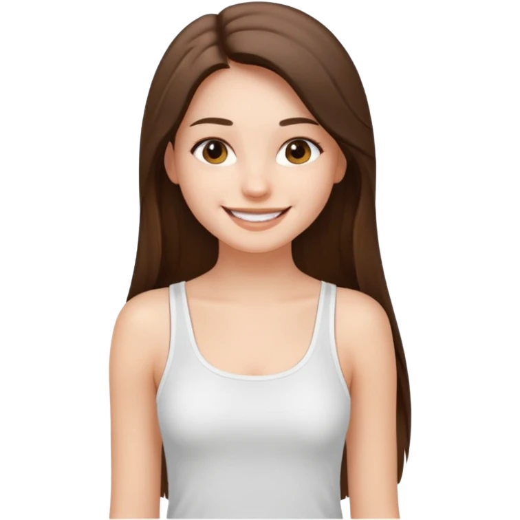 a pretty bratz fair girl with straight brunette long hair, wearing a white thin strap trap tank top, smiling emoji