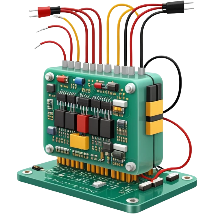An icon featuring a circuit board, electrical wires, symbolizing electrical engineering. The design includes resistors, capacitors, and a power transformer, representing the study of electrical systems and innovation. Transparent background highlights modern electrical technology emoji