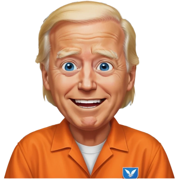 Trump blue eyes orange  jumpsuit in prison with bars with Joe Biden outside laughing at him emoji