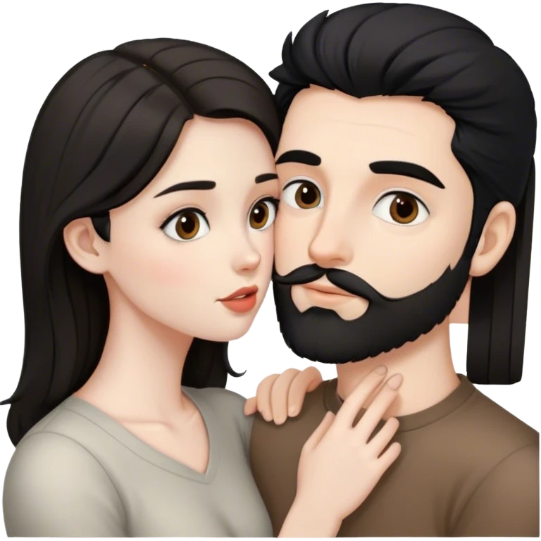 beautiful pale brunette girl with brown eyes kisses pale man black hair small beard grey eyes emoji