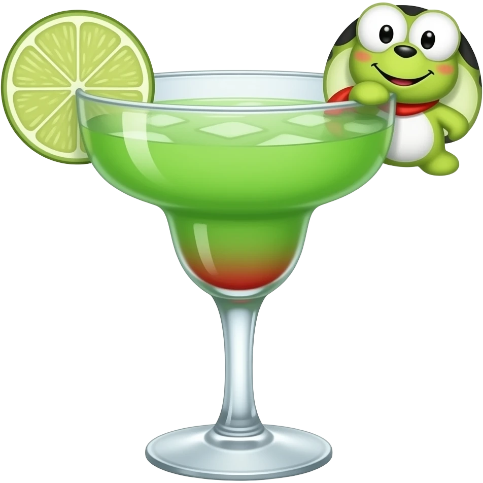 keroppi the sanrio character themed green and little bit of red colored cocktail in margarita glass with actual illustration of keroppi as a garnish emoji