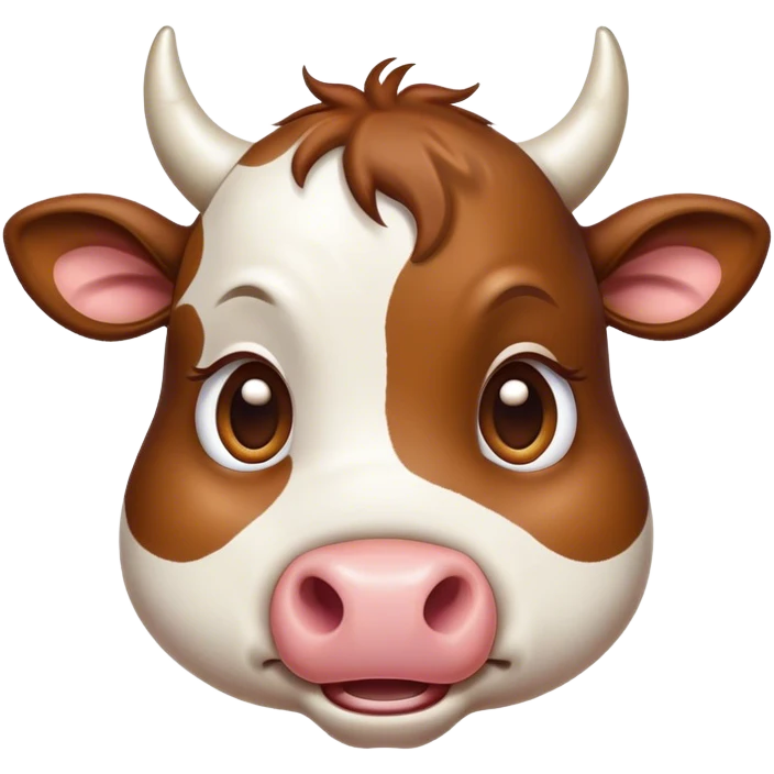 Cinematic Comical Brown and White Cow Portrait Emoji, Head tilted dramatically with an exaggeratedly amused expression, featuring a striking, glossy hide with a dynamic mix of brown and white, wide, expressive brown eyes filled with playful disbelief, Simplified yet hilariously expressive features, highly detailed, glowing with a slightly sassy glow, high shine, dramatic yet playful, stylized with an air of cheeky mischief, bright and endearing, soft glowing outline, capturing the essence of a spirited and over-the-top cow, so meme-worthy it feels like it could moo its way into internet fame instantly! emoji