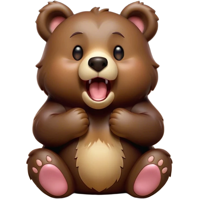 Cinematic Cute Yawning Bear Portrait Emoji, Head tilted slightly with a dramatic, wide-open yawn, showcasing a soft, plush dark brown fur with drooping ears, round eyes barely open in drowsy contentment, Simplified yet irresistibly adorable features, highly detailed, glowing with a soft, cozy glow, high shine, relaxed yet expressive, stylized with a touch of woodland charm, bright and endearing, soft glowing outline, capturing the essence of a sleepy yet affectionate bear, so drowsy it feels like it could lumber out of the screen and curl up for a nap! emoji
