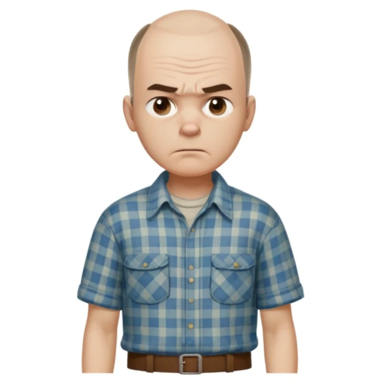 Carl from Sling Blade, serious expression, recognizable features, neutral background, full body, chin sticking out, slouching posture emoji