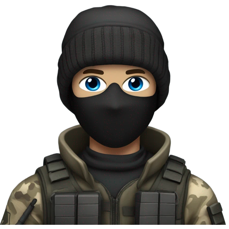 White male, call of duty black mask, camo tactical gear, combat boots, black beanie, blue eyes emoji