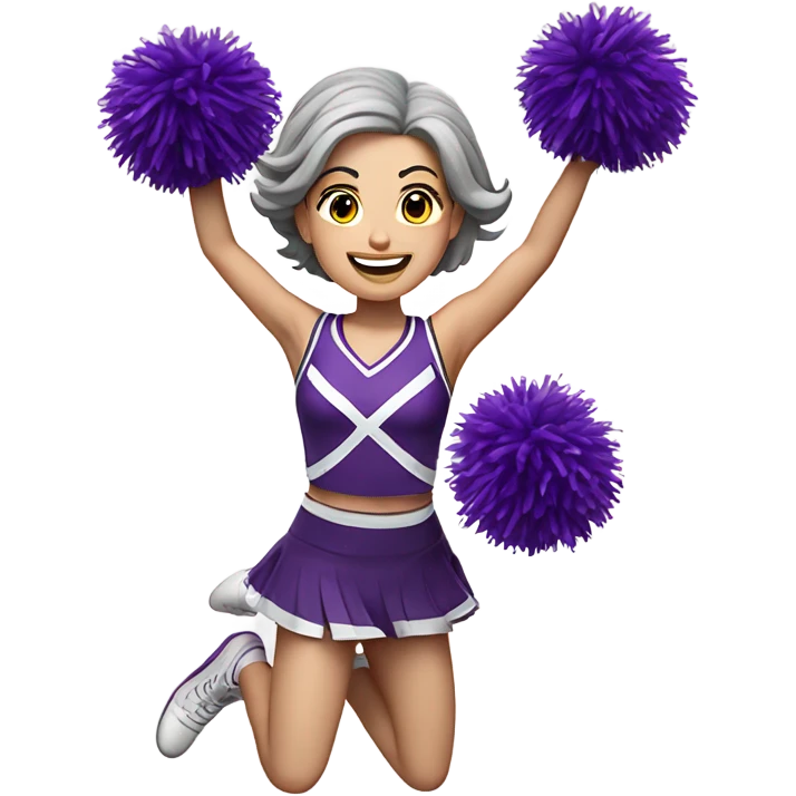 Caucasian gray hair cheerleader with dark brown hair, jumping and holding up two purple Pom poms, small full body emoji emoji