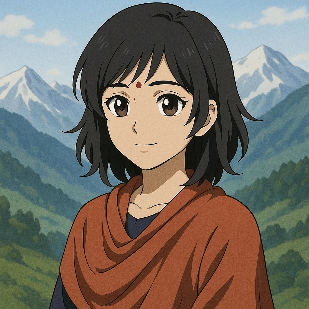 anime style Indian girl living in the mountains, black layered haircut, brownish-black Indian eyes, fair face, subtle mountain background emoji