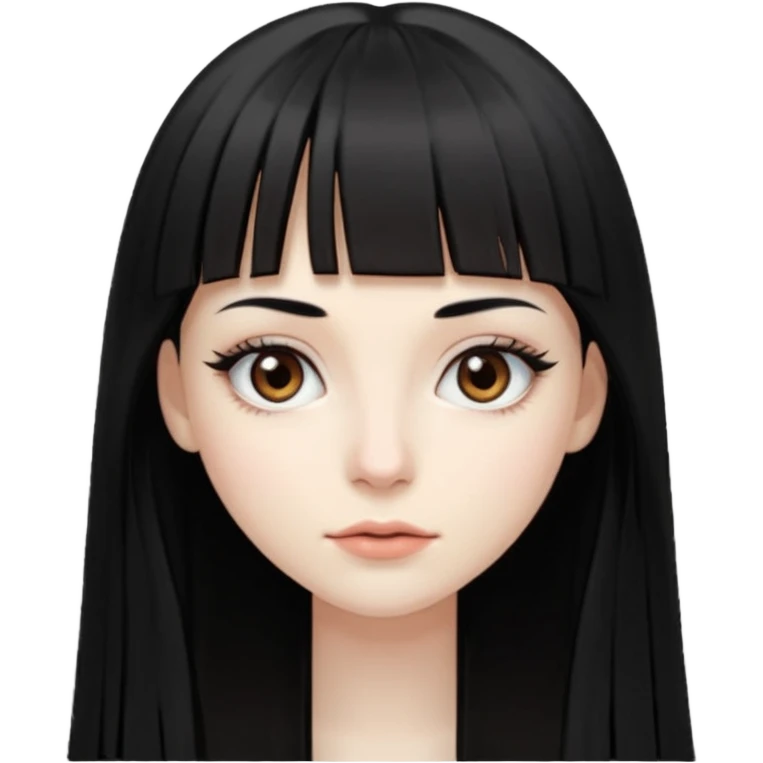 девушка с бледной кожей у неё длиные прямые черные волосы и челка прямая ниже бровей глаза коричневого цвета худая у неё длиные ресницы emoji