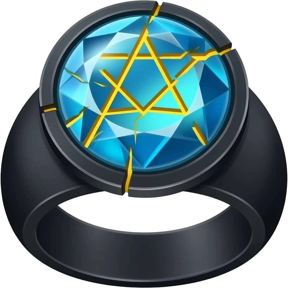 A black ring with with a big gem that's blue with a crack in it that glows yellow that has a pentacle carved into the gem emoji