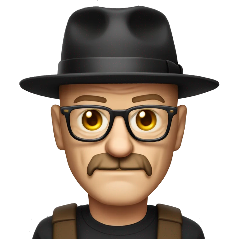 Crie um emoji do ator Walter White com chapeu preto e oculos emoji