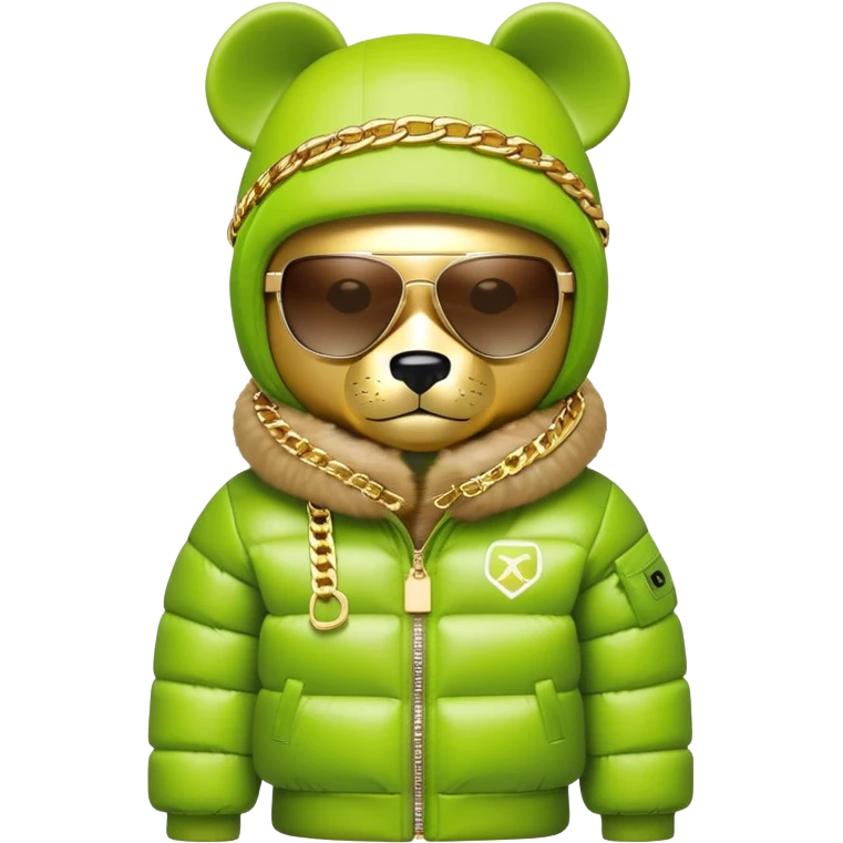 geometric bearbrick wearing lime balaclava with brand logos, continuous horizontal visor sunglasses as one piece across entire face, no eye division, luxury puffy down jacket with fur collar, heavy gold chains emoji