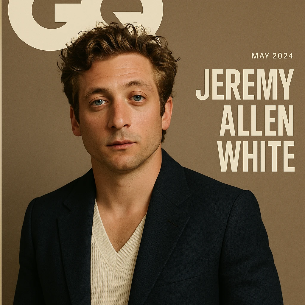 GQ Magazine cover featuring Jeremy Allen White, stylish, modern, magazine layout, bold typography, fashion-forward, elegant color palette emoji