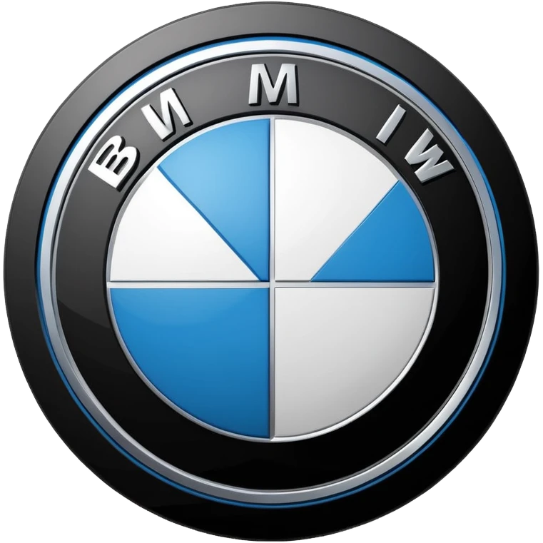 A clean, circular car logo inspired by BMW, with a black outer ring, inner circle divided into four equal quadrants, alternating blue and white colors, bold white letters on the black ring, glossy finish, minimal background, high resolution, professional automotive logo style emoji