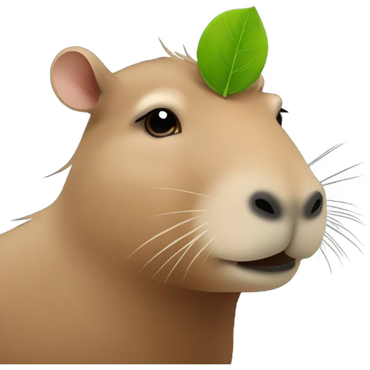 A capybarra with a small leaf on its head, looking in front of the camera emoji
