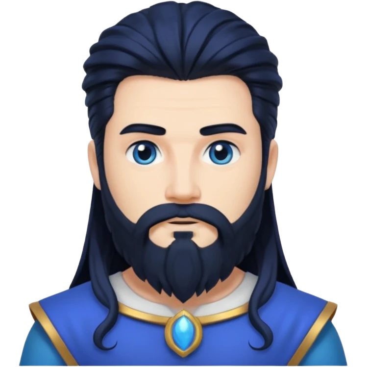 Neptune, Sea God from Rome Mythology with long jet black hair and beard, cobalt blue outfit emoji