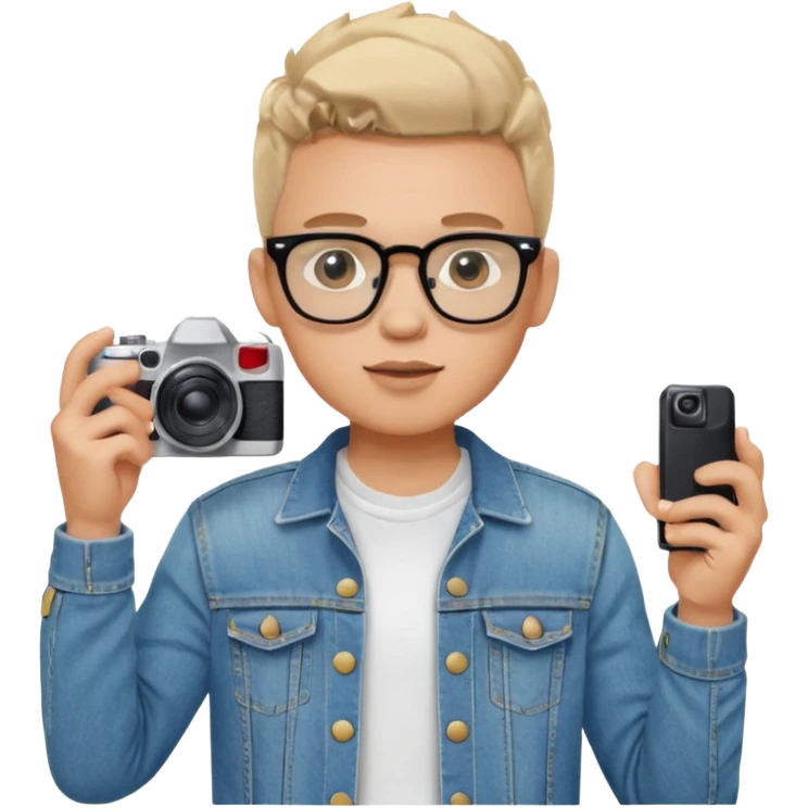 Young male, holding camera, jean jacket with white t-shirt inside, glasses


 emoji