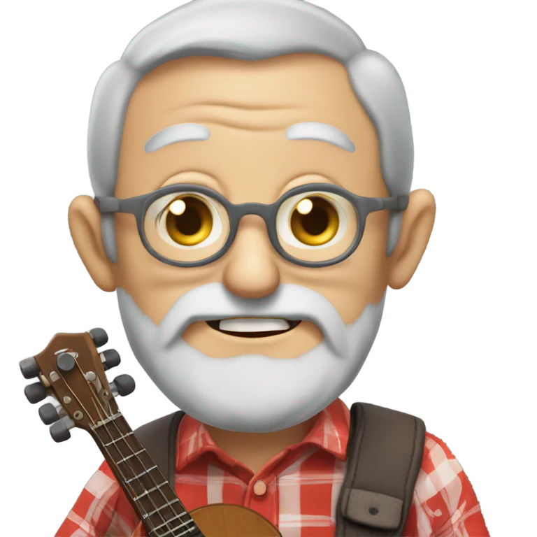 Old man, really long grey beard, country bumpkin, huge wild eyes, buck teeth, playing a banjo and wearing a red long sleeve plaid shirt emoji