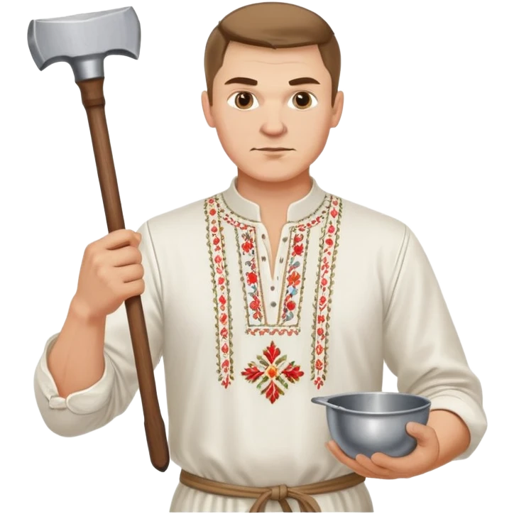 Ukrainian man wearing traditional white embroidered shirt (vyshyvanka) holding a hammer in one hand and a kitchen ladle in the other hand emoji