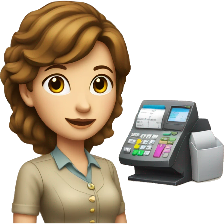 cashier (white female, brown hair, white gold earrings) in front of cash registry, apple-style emoji