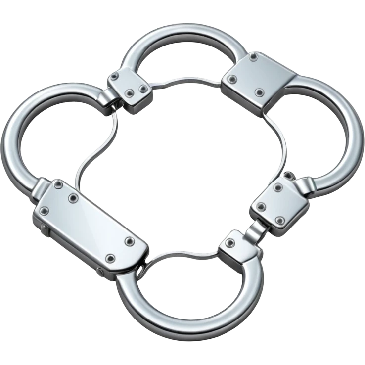 A pair of elegant handcuffs emoji made of silver chrome, smooth rounded design, glossy metallic reflections, luxury fetish aesthetic, minimal iOS emoji style, centered, clean white background emoji
