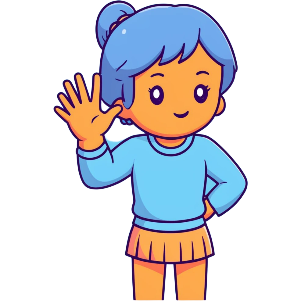 girl wearing pastel blue clothes shrugging with hands spread out in an "I don't know" gesture emoji