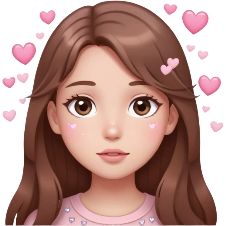 Girl with long brown hair blushing with sparkly eyes and little hearts floating around cartoon style delicate pale pink fangirl 🤩 emoji
