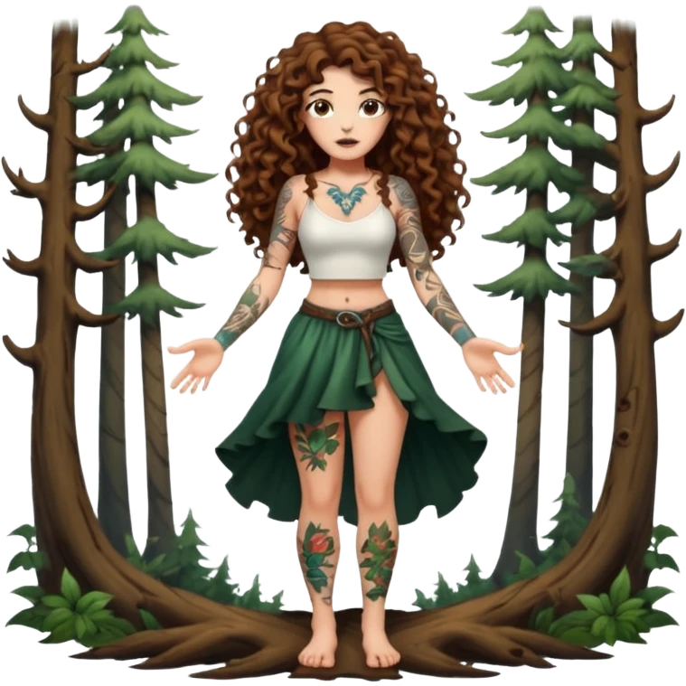 full body view of a woman with long curly brown hair, brown eyes, white skin, tattoos, shrugging with dramatic forest magic burst emoji