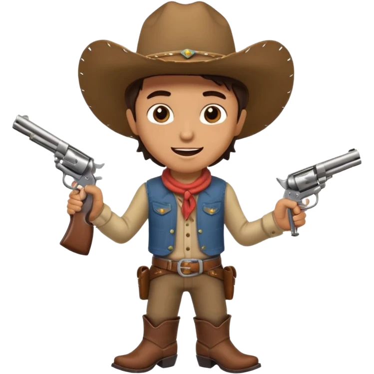 A young cowboy with oversized boots, excited expression, and a tiny toy revolver.
 emoji