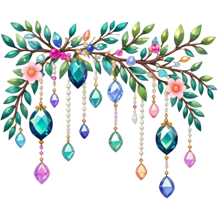 Exotic colorful romantic Few cute tiny Iridescent glistening glossy sparkly shiny glittery hanging crystals pearls and beads and gemstones scenery scenic decorations with branches and flowers emoji