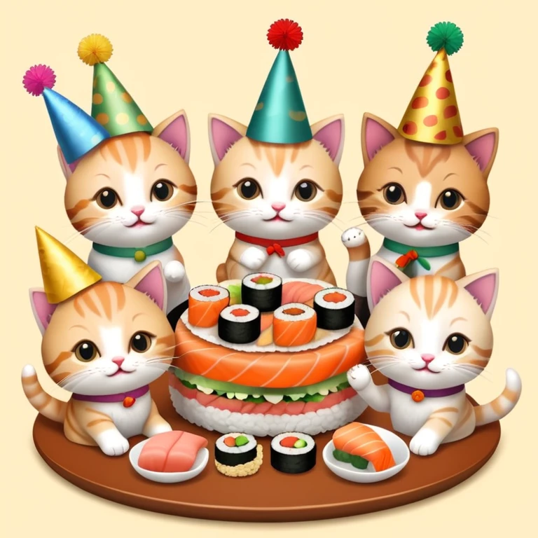 Nine kitties enjoying sushi birthday feast emoji