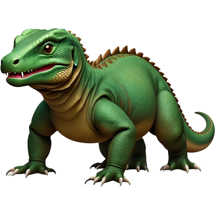 cinematic-komodo-dragon-realistic-full-body-on all fours-emoji,-massive-scaled-body-poised-with-quiet-power,-rough-textured-skin-dark-green-and-brown,-head-tilted-dramatically,-long-forked-tongue-flicking-out,-simplified-yet-realistic-focused-features,-highly-detailed,-glowing-with-an-almost-sarcastic-glow emoji