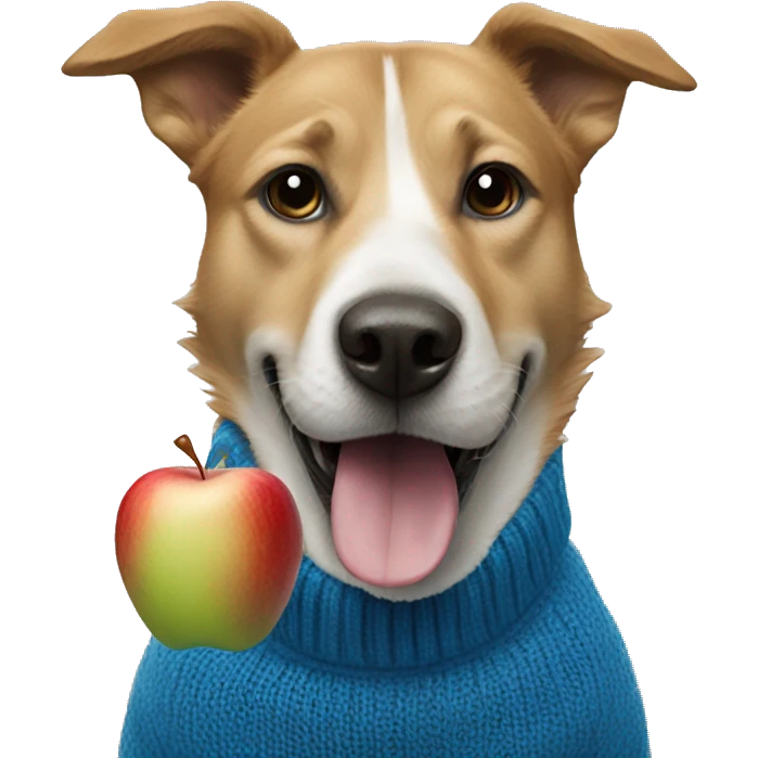 dog with an apple in its mouth with a blue sweater on emoji
