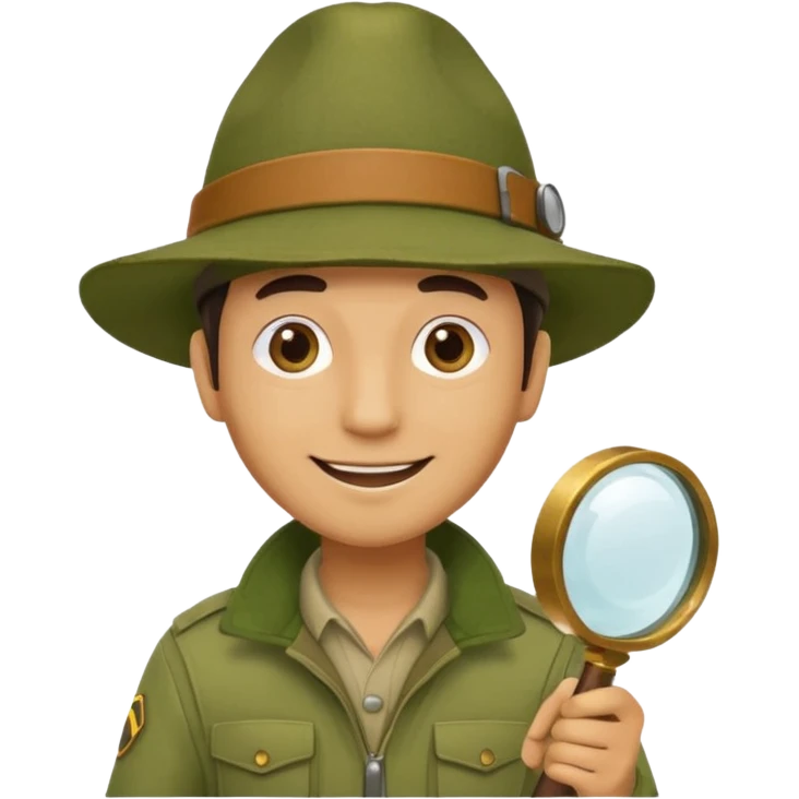  man in beige moss green explorer outfit, hat, holding magnifying glass, smile emoji
