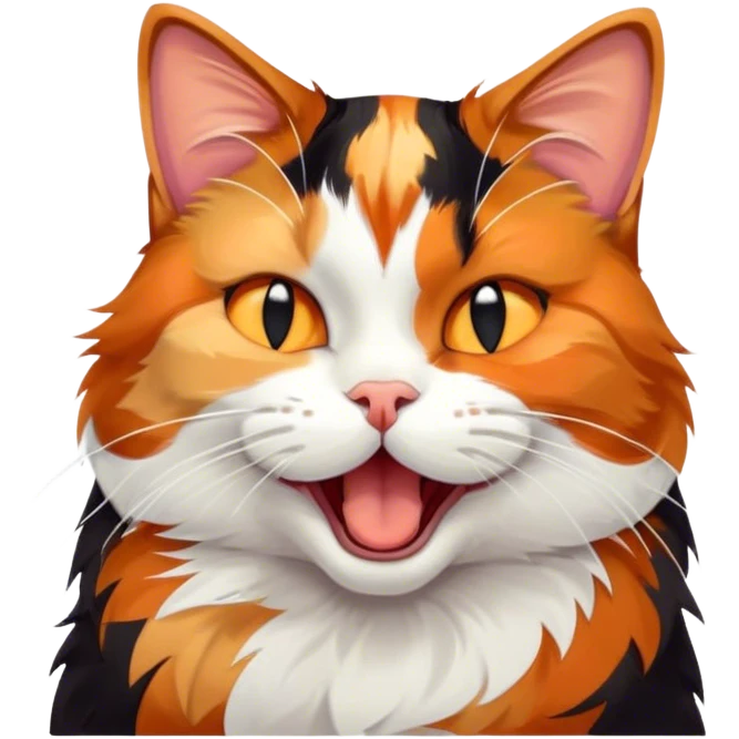 Cinematic Cute Yawning Calico Cat Portrait Emoji, Head tilted mid-yawn with a charming, relaxed expression, showcasing a soft patchwork fur of vibrant orange, black, and white, simplified yet irresistibly adorable, highly detailed, glowing with a cozy, gentle radiance, high shine, exuding sleepy yet endearing charm, styled with a soft glowing outline, capturing the essence of a calico cat caught in a delightful yawn that seems ready to cuddle up for a nap! emoji