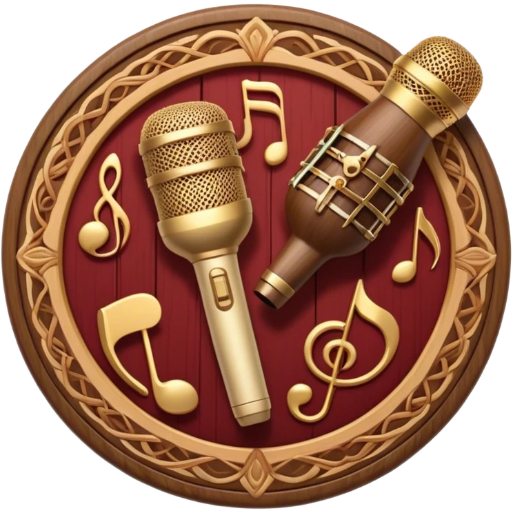 Create a warm and authentic humanless emoji representing folk singing. The design should feature a traditional folk microphone at the center, surrounded by classic instruments such as a bayan (button accordion), gusli (a traditional Russian zither), and a tambourine. Arrange these instruments in a harmonious, circular pattern to evoke a sense of folk music and community performance. Use natural, earthy colors like wood brown, deep red, and golden accents to reflect the rustic and heartfelt spirit of folk music. Add subtle musical notes to the background to convey the rhythm and harmony of the performance. The background should be transparent. emoji