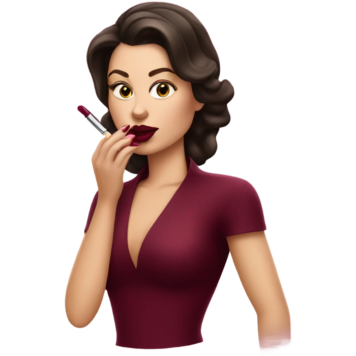 White brunette femme fatale dressed in burgundy putting lipgloss on her lips emoji