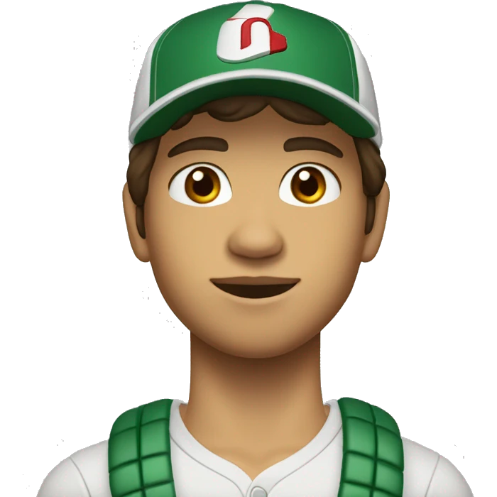 Teenager boy type mexican, White skin, with baseball cap backwards with wavy brown hair (Which go down behind to the nape of the neck), Little bit dezoom emoji