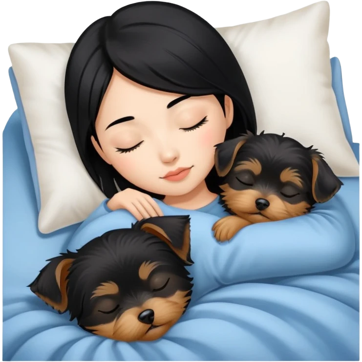 pretty asian girl with black hair sleeping in bed with small yorkshire terrier emoji