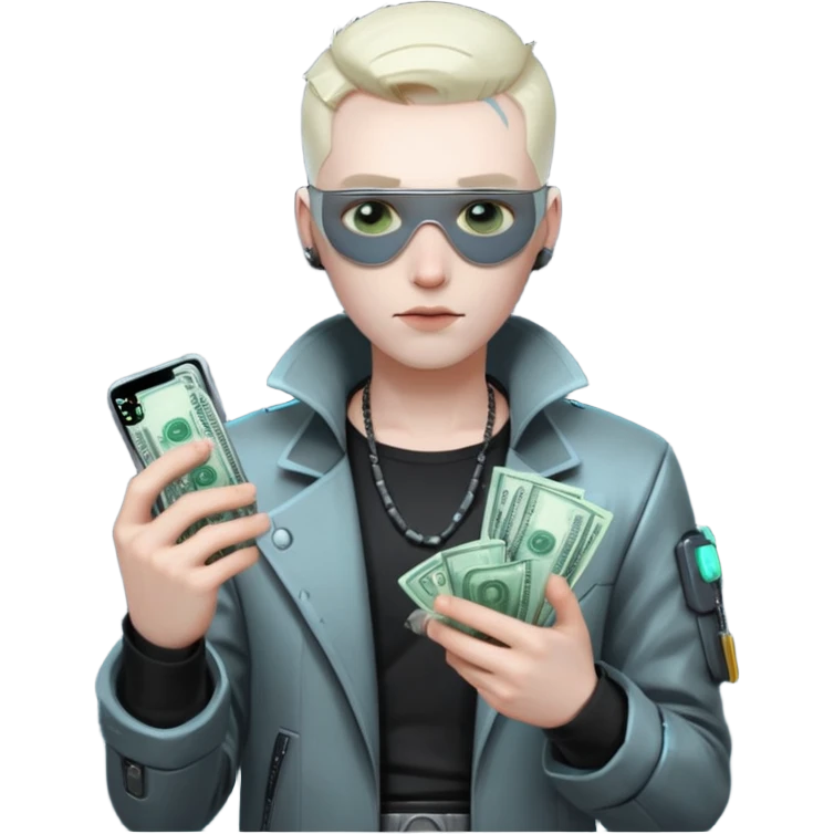 cyber punk man holding money and phone emoji
