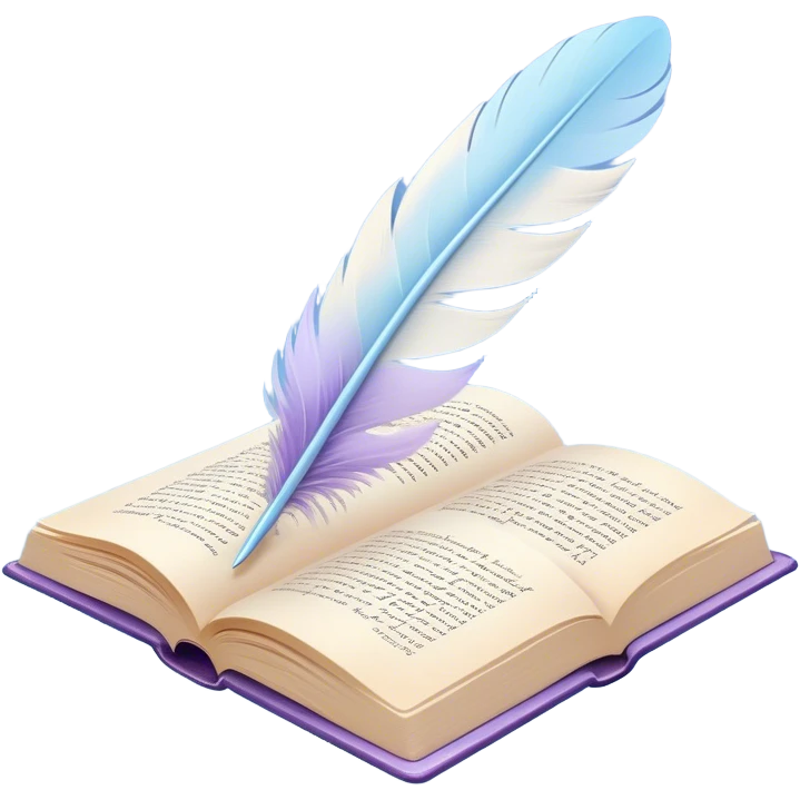 Create a delicate and poetic emoji representing poetry. The design should feature several elegantly flying pages with short poetic columns written on them. The pages should appear light and flowing, almost as if being carried by the wind. Include a white feather gently resting on the pages, symbolizing creativity and inspiration. Use soft, pastel tones like light blues, purples, and creams to give it a dreamy, artistic feel. The design should feel ethereal and whimsical, capturing the essence of poetry. Make the background transparent. emoji