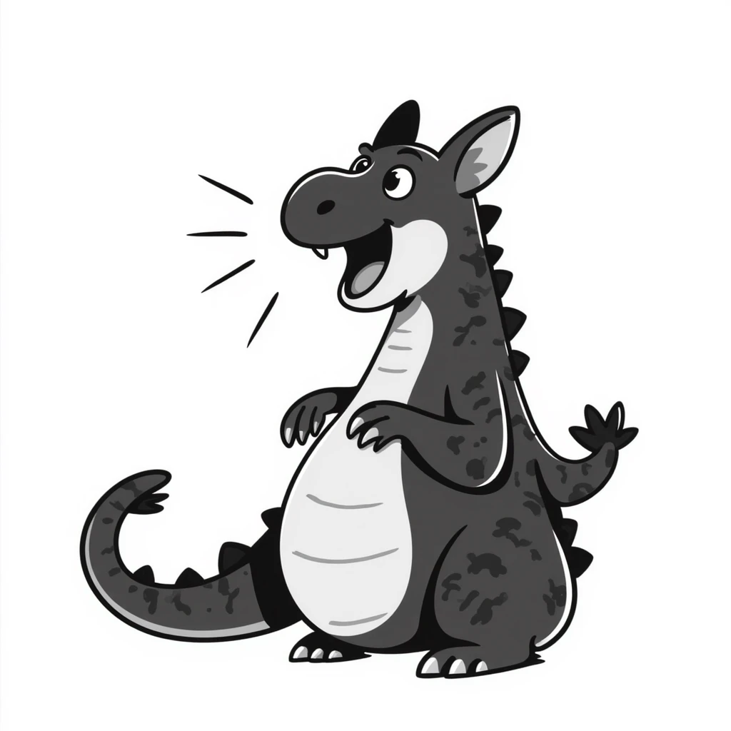 A hand-drawn fat komodo dragon with a huge round belly, hiccupping with motion lines around it emoji