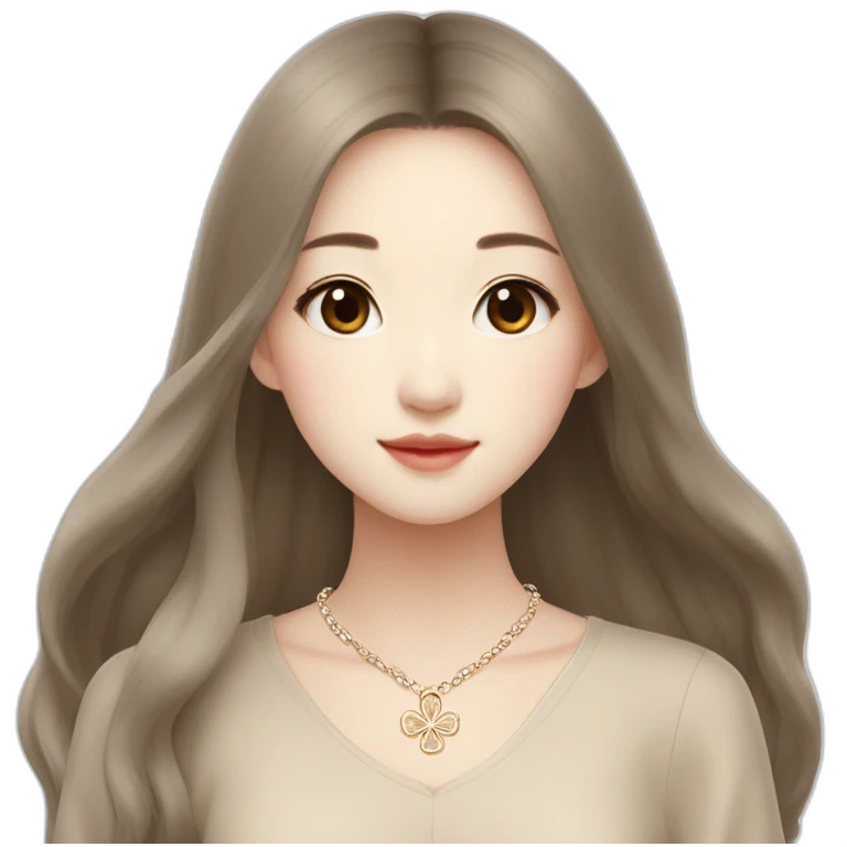 cute long-haired Chinese girl in Muji beige dress with van cleef clover necklace emoji