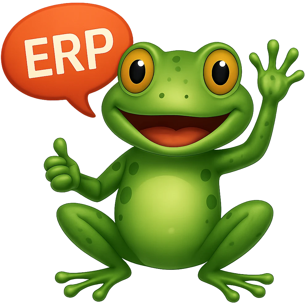 Change the sign to a speech bubble that says 'ERP', keep the frog and style the same. Remove the background. The original style is a green bufo frog meme style. emoji