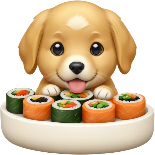 A cute golden retriever puppy eating gimbap in iPhone emoji style, soft 3D glossy texture, bright vivid colors, no outlines, centered composition, transparent background. emoji