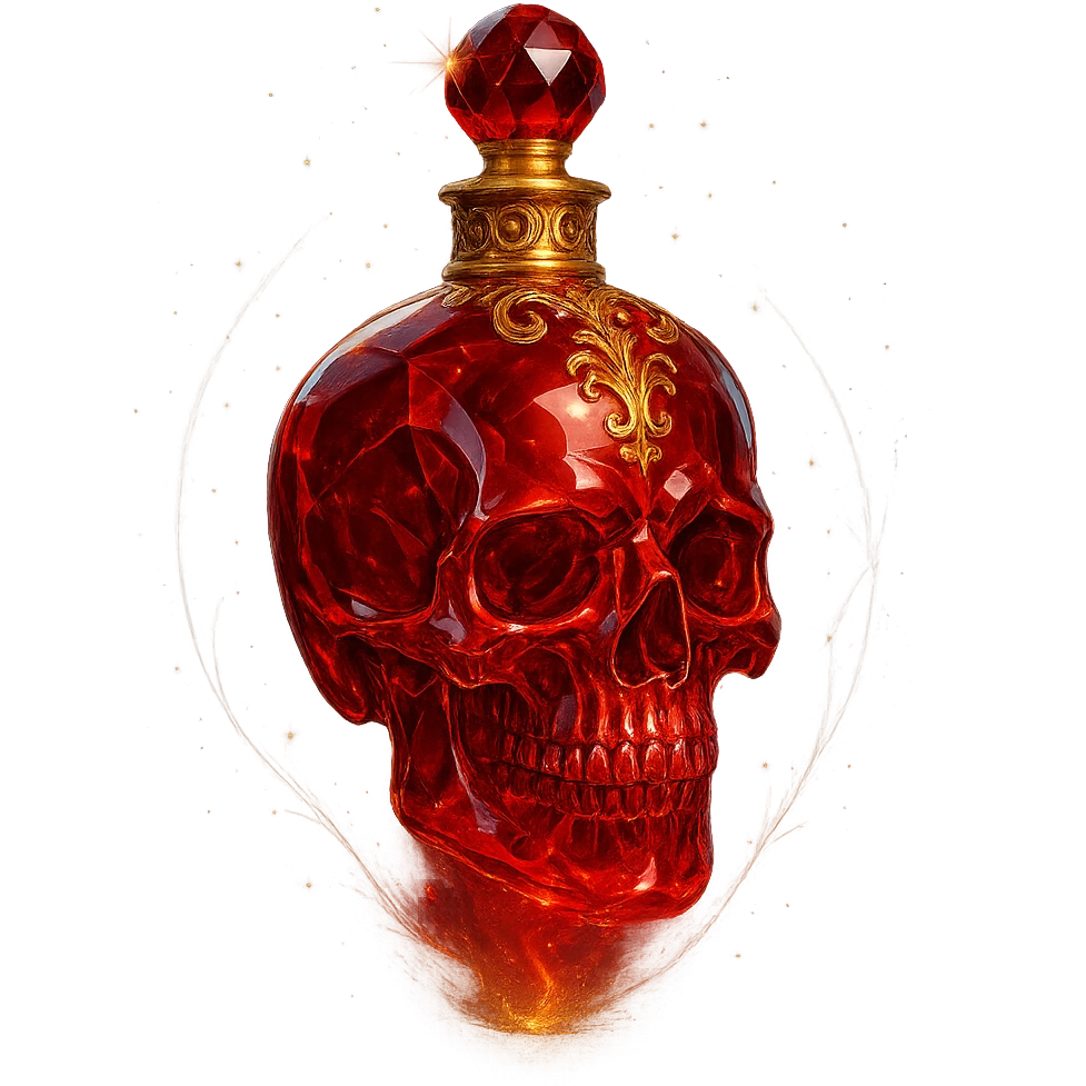 premium crystal elixir bottle in skull shape, red, barely visible golden collar, lots of shine, edges, ornaments, golden details, magical effects, transparent background, beautiful merging bottom, clearly hanging in the air, no base or shadow, very luxurious, matching the collection emoji