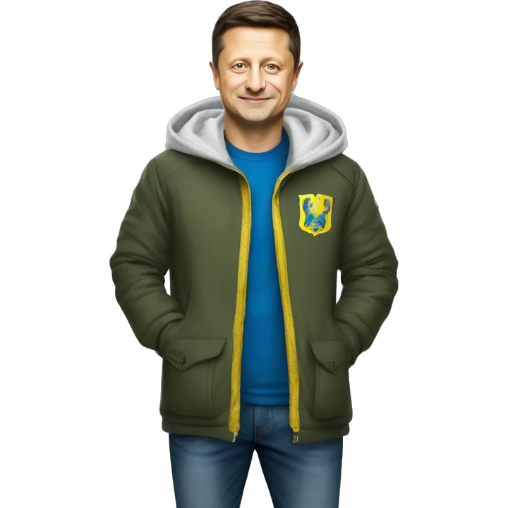 President Volodymyr Zelenskyy in haki tshirt with ukrainian coat of arms emoji