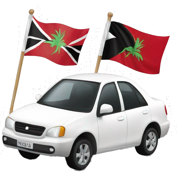 A tall man white man with a Trinidad flag behind him & another man driving a white car emoji