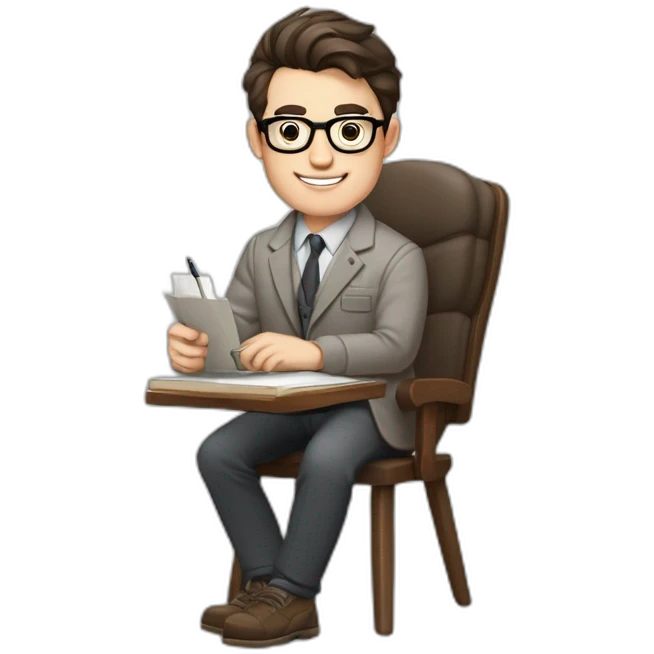 Pale skinned Fit Man With dark brown hair in gray jacket, beige office shirt and vintage glasses sitting In a soft chair with a notebook with emblem Ψ and a pen in his hands emoji