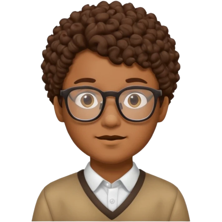 Nerdy boy with glasses, brown curly hair, brown skin emoji