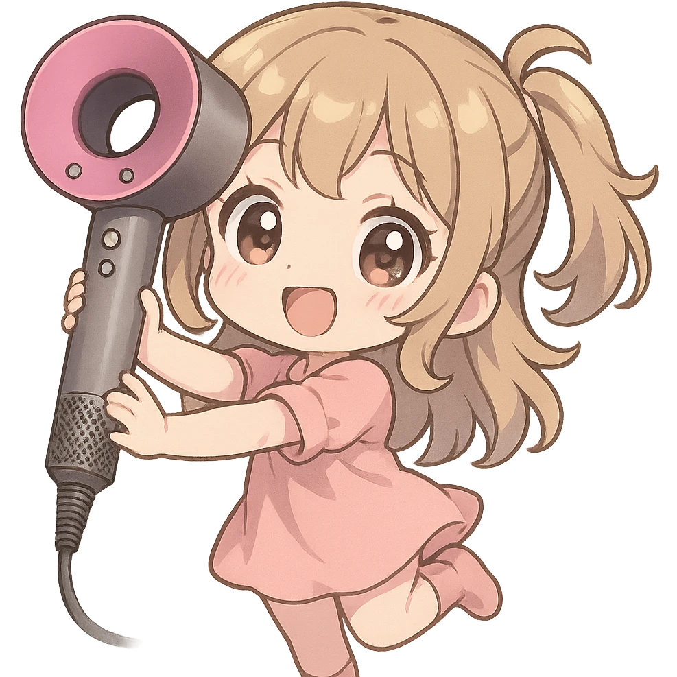 chibi girl holding a Dyson hair dryer, cute and expressive, pastel colors, big eyes, small body, playful pose, cheerful expression emoji